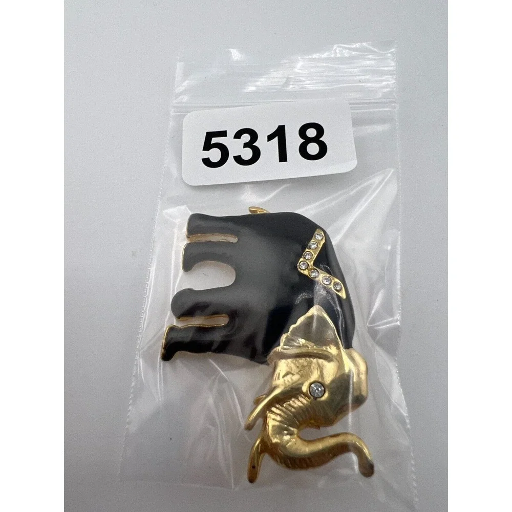 Vintage Jet Black Matte‎ Enamel Rhinestone & Gold Tone Metal Elephant Brooch 90s